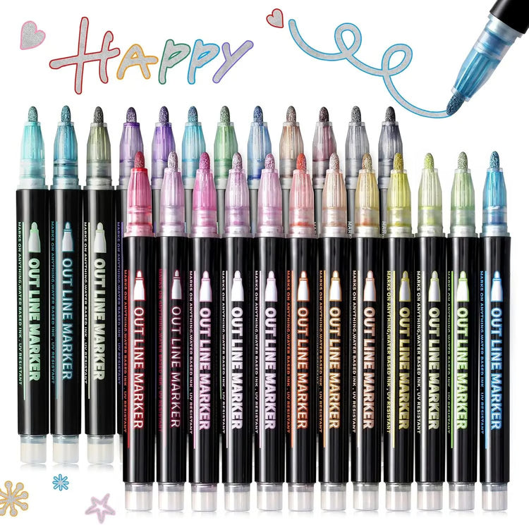 Double Line Metallic Outline Highlighter Pens Set – Magic Glitter Drawing Markers for Creative Art & Crafts