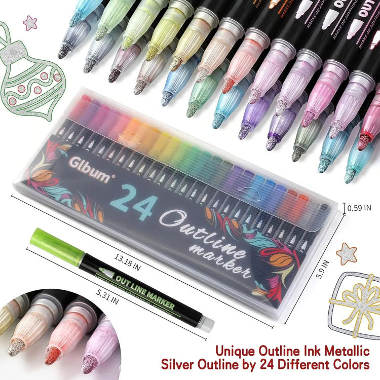 Double Line Metallic Outline Highlighter Pens Set – Magic Glitter Drawing Markers for Creative Art & Crafts