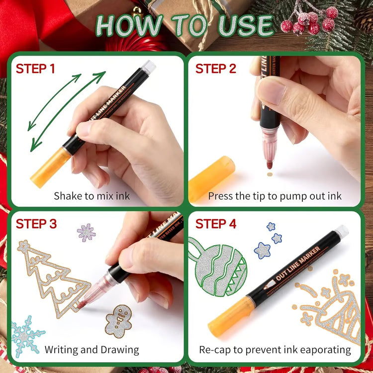 Double Line Metallic Outline Highlighter Pens Set – Magic Glitter Drawing Markers for Creative Art & Crafts