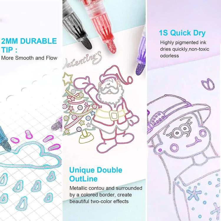 Double Line Metallic Outline Highlighter Pens Set – Magic Glitter Drawing Markers for Creative Art & Crafts