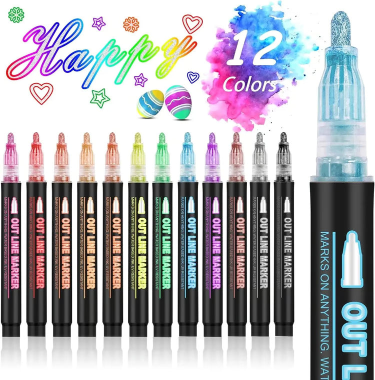 Double Line Metallic Outline Highlighter Pens Set – Magic Glitter Drawing Markers for Creative Art & Crafts