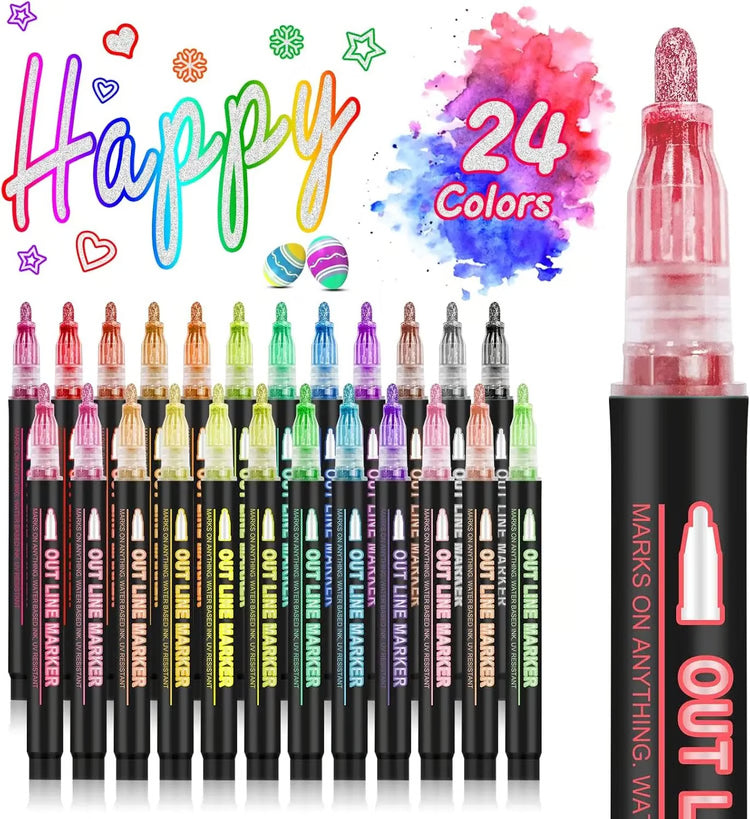 Double Line Metallic Outline Highlighter Pens Set – Magic Glitter Drawing Markers for Creative Art & Crafts