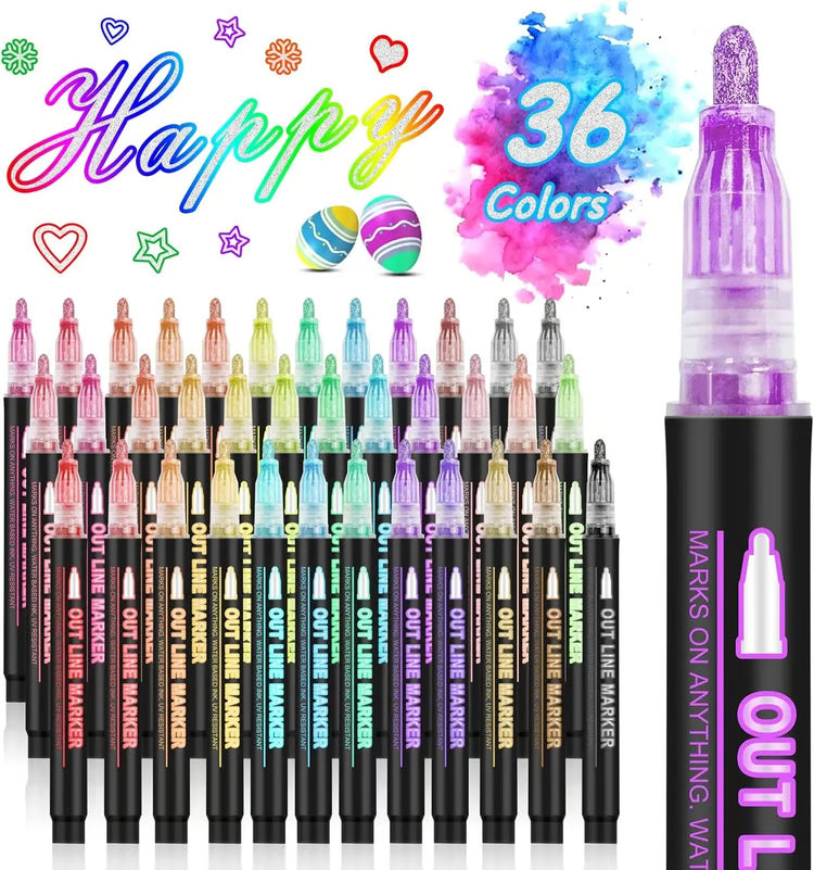 Double Line Metallic Outline Highlighter Pens Set – Magic Glitter Drawing Markers for Creative Art & Crafts