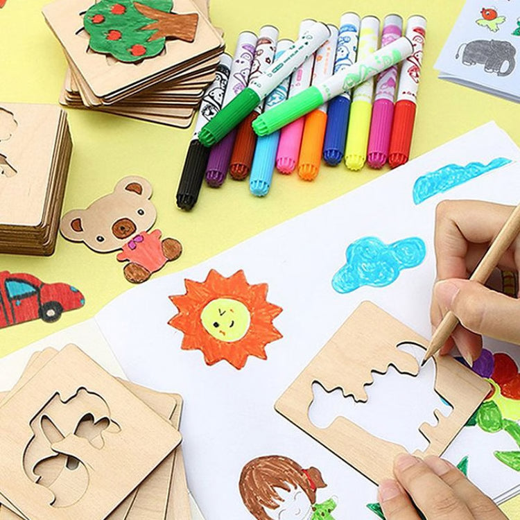 Wooden DIY Drawing Template Set with Markers – Creative Drawing Tool Set for Kids