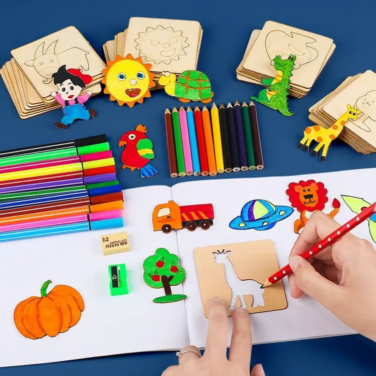 Wooden DIY Drawing Template Set with Markers – Creative Drawing Tool Set for Kids
