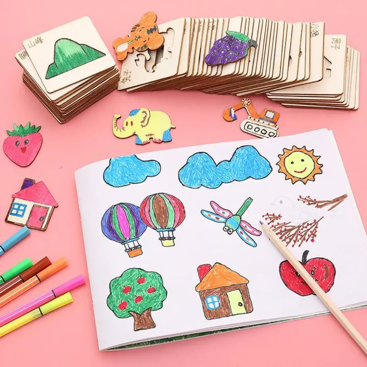 Wooden DIY Drawing Template Set with Markers – Creative Drawing Tool Set for Kids