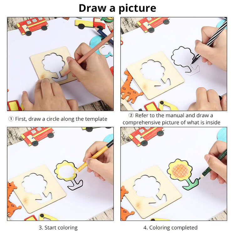 Wooden DIY Drawing Template Set with Markers – Creative Drawing Tool Set for Kids