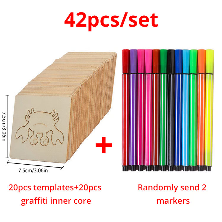 Wooden DIY Drawing Template Set with Markers – Creative Drawing Tool Set for Kids